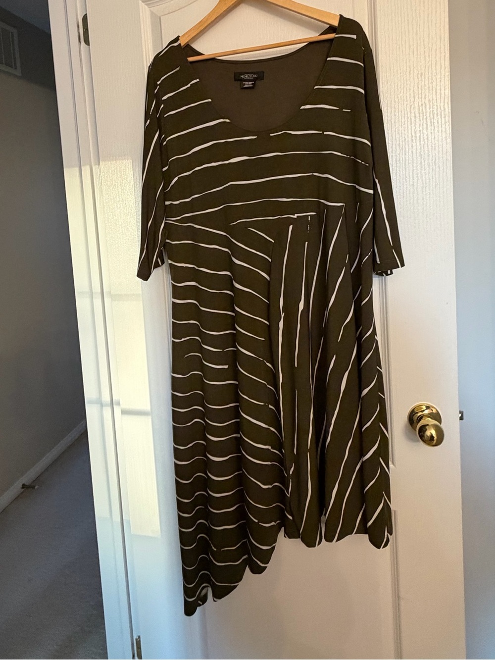 Michel Studio Olive Green and White Striped Assymetric Midi Dress